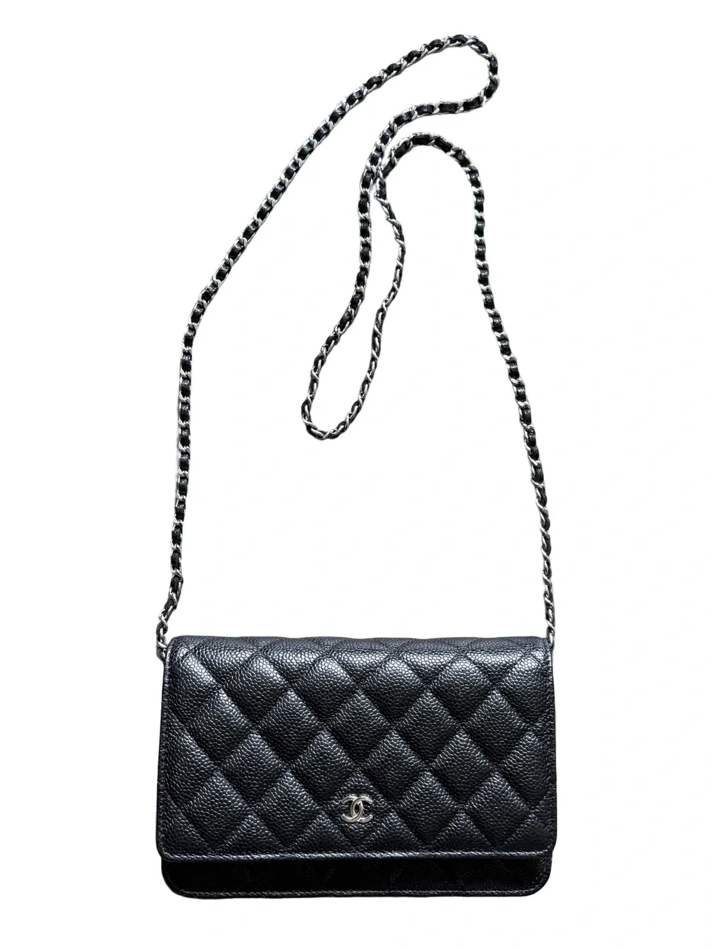CHANEL Black Quilted Caviar Leather Crossbody with Silver Hardware